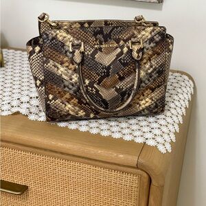 Michael Kors Tan and Brown Snake Print Satchel